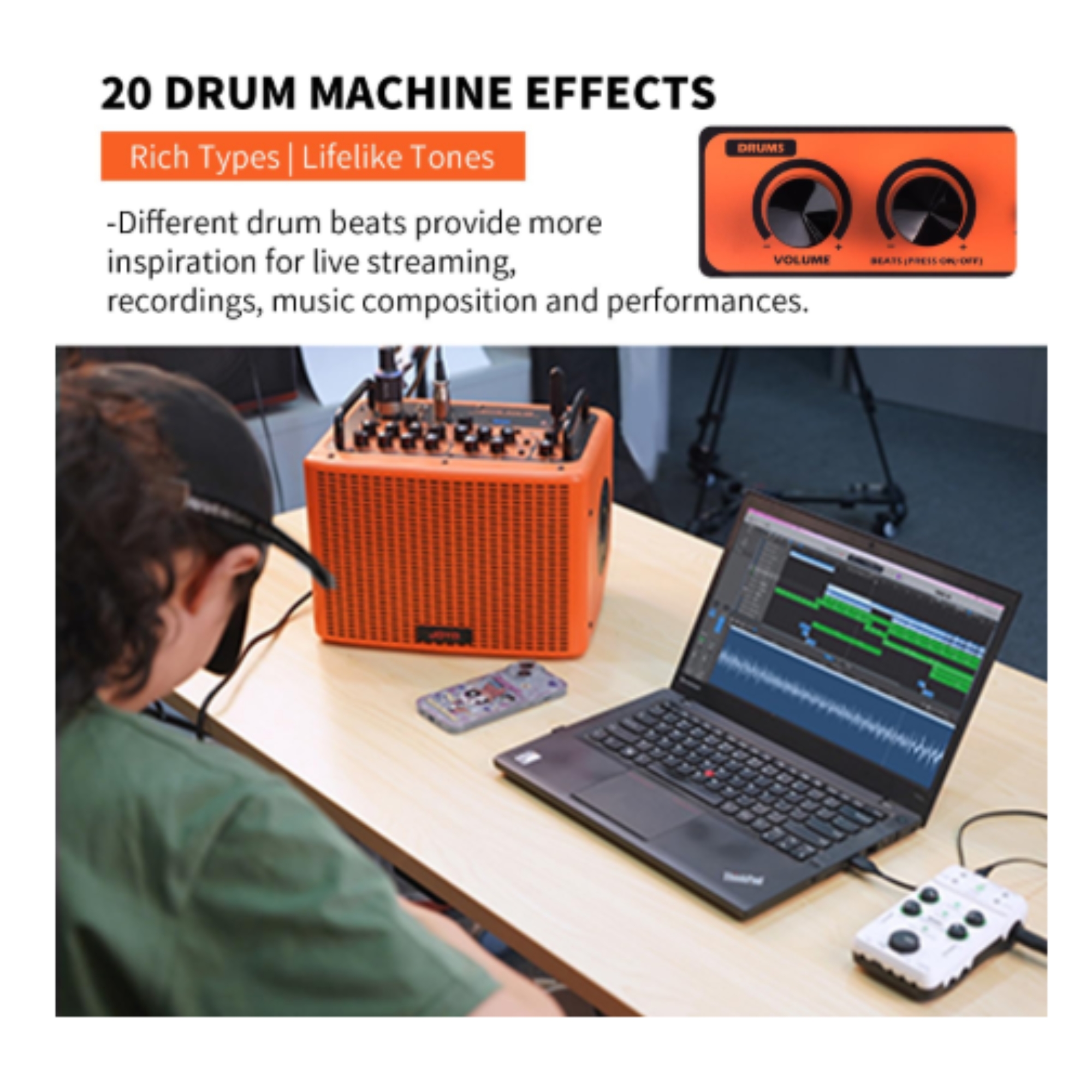 JOYO BSK40 ORANGE 40 Watt Combo Amplifier Rechargeable Guitar Vocal Two Channels Guitar Amp with Drum Machine Reverb Chorus Delay Effects and Bluetooth XLR Aux-in
