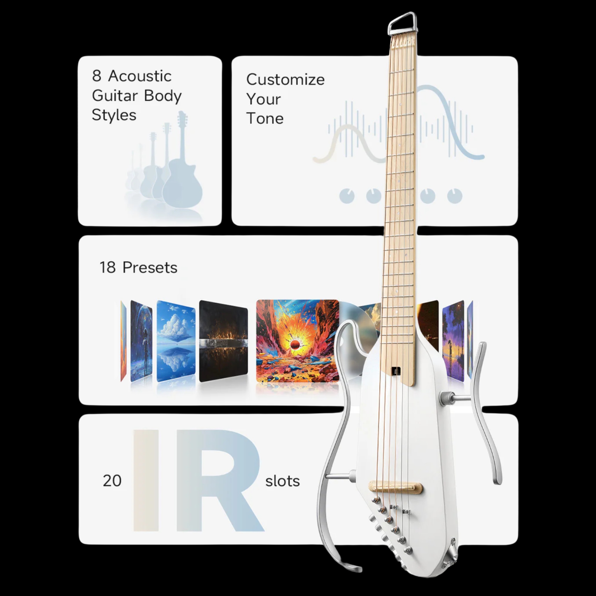 Donner HUSH-I PRO White Acoustic-Electric Travel Guitar Kit with onboard Effects