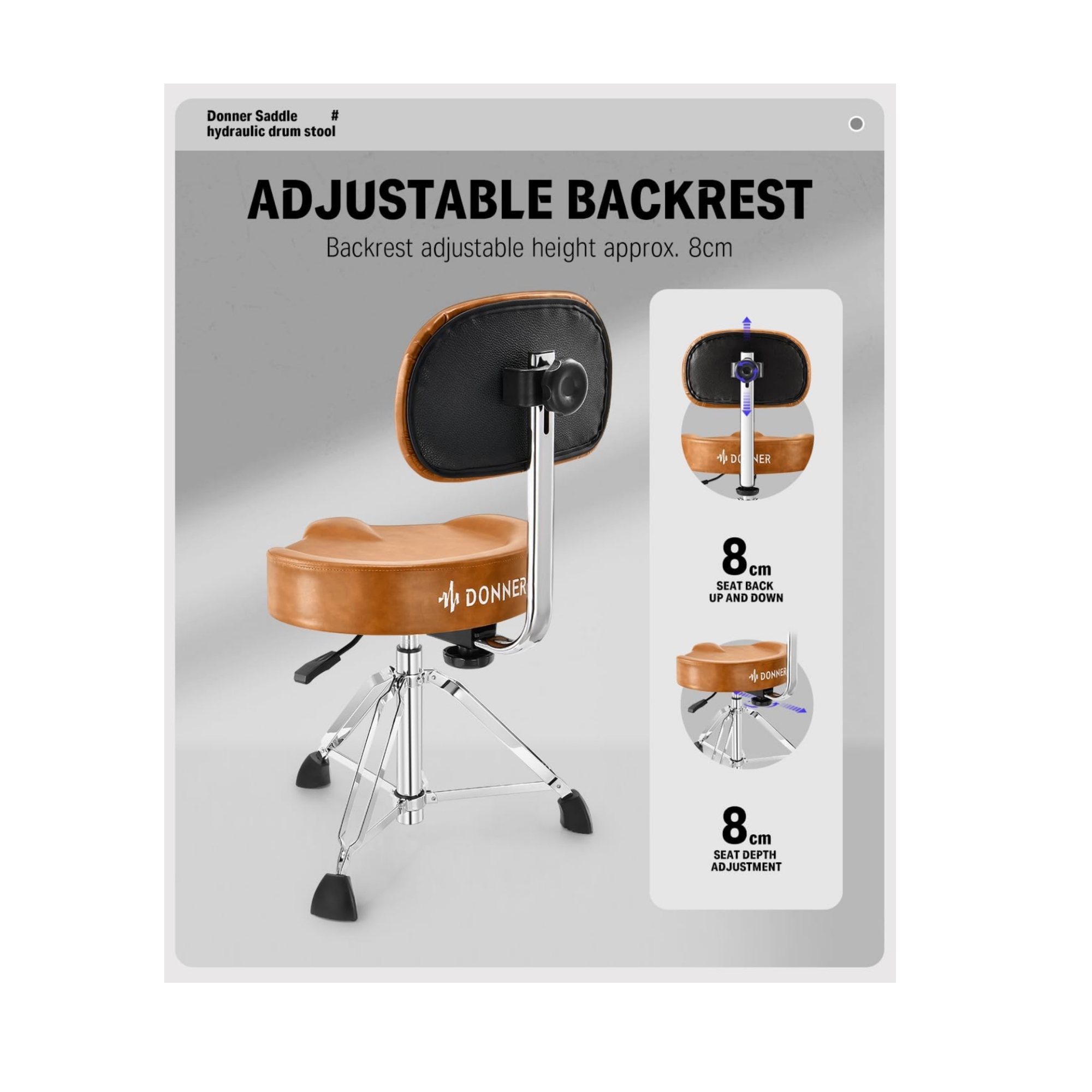 Donner DHT250 Drum Throne with Backrest Heavy Duty Hydraulic Drum Stool Height Adjustable Motorcycle Style Drum Seat Saddle Drum Throne for Adults Drummers BROWN
