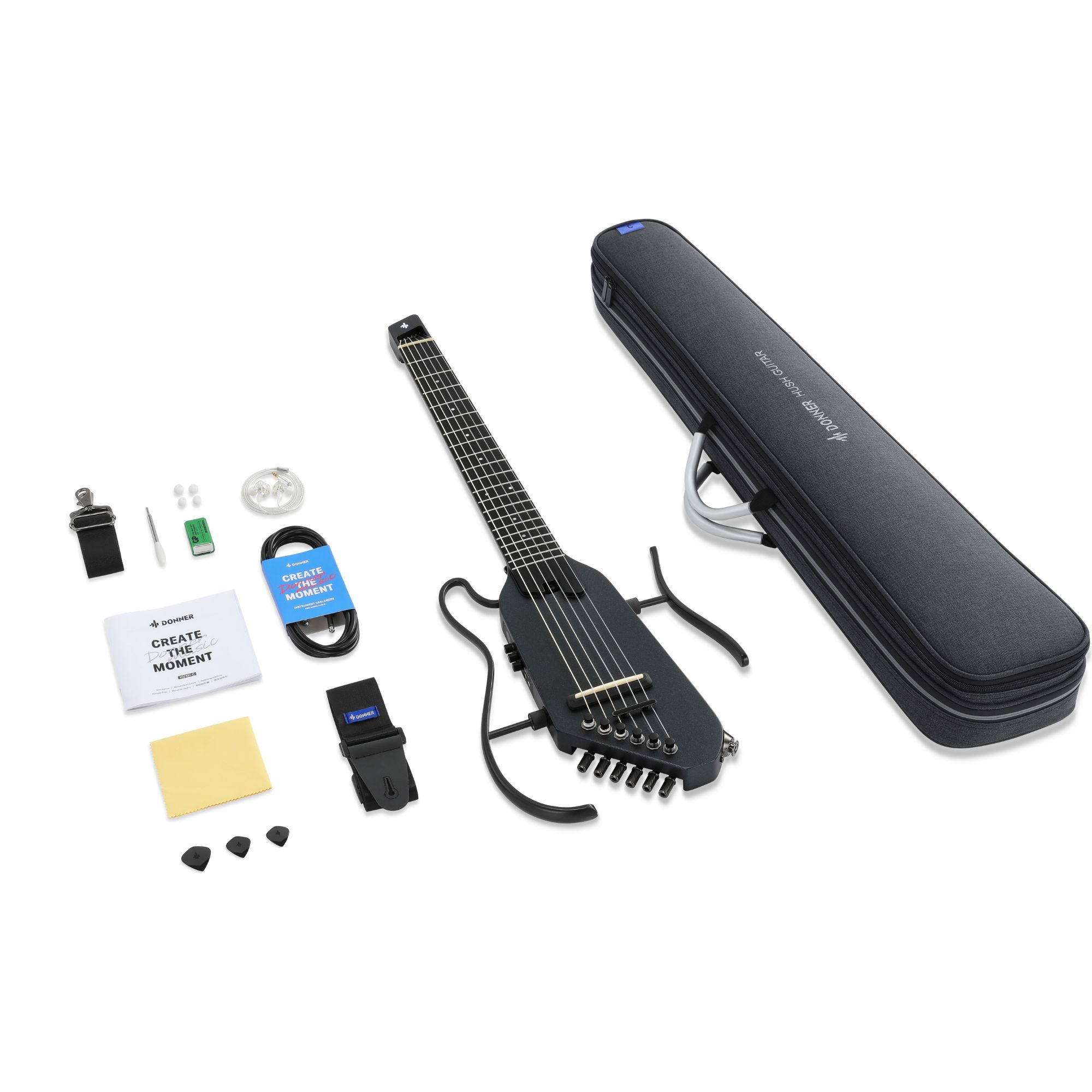 Donner HUSH C Acoustic-Electric Nylon String Classical Guitar Ultra-Lightweight Travel Guitar with Built-In Tuner HPS-II Preamp Headphone Jack Quick-Release handle Black