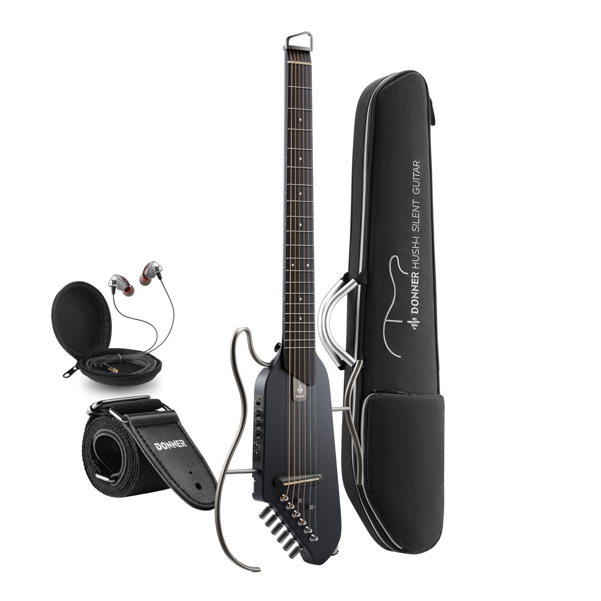 Donner TravelSilent Guitar - Black HUSH-I Headless Guitar Removable Frames Ultra Light Acoustic Electric Guitar with Gig Bag and Accessories