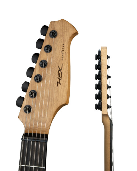 Hex Guitars E500 TRD shown in both Metallic Abyss Blue and Metallic Ivory finishes