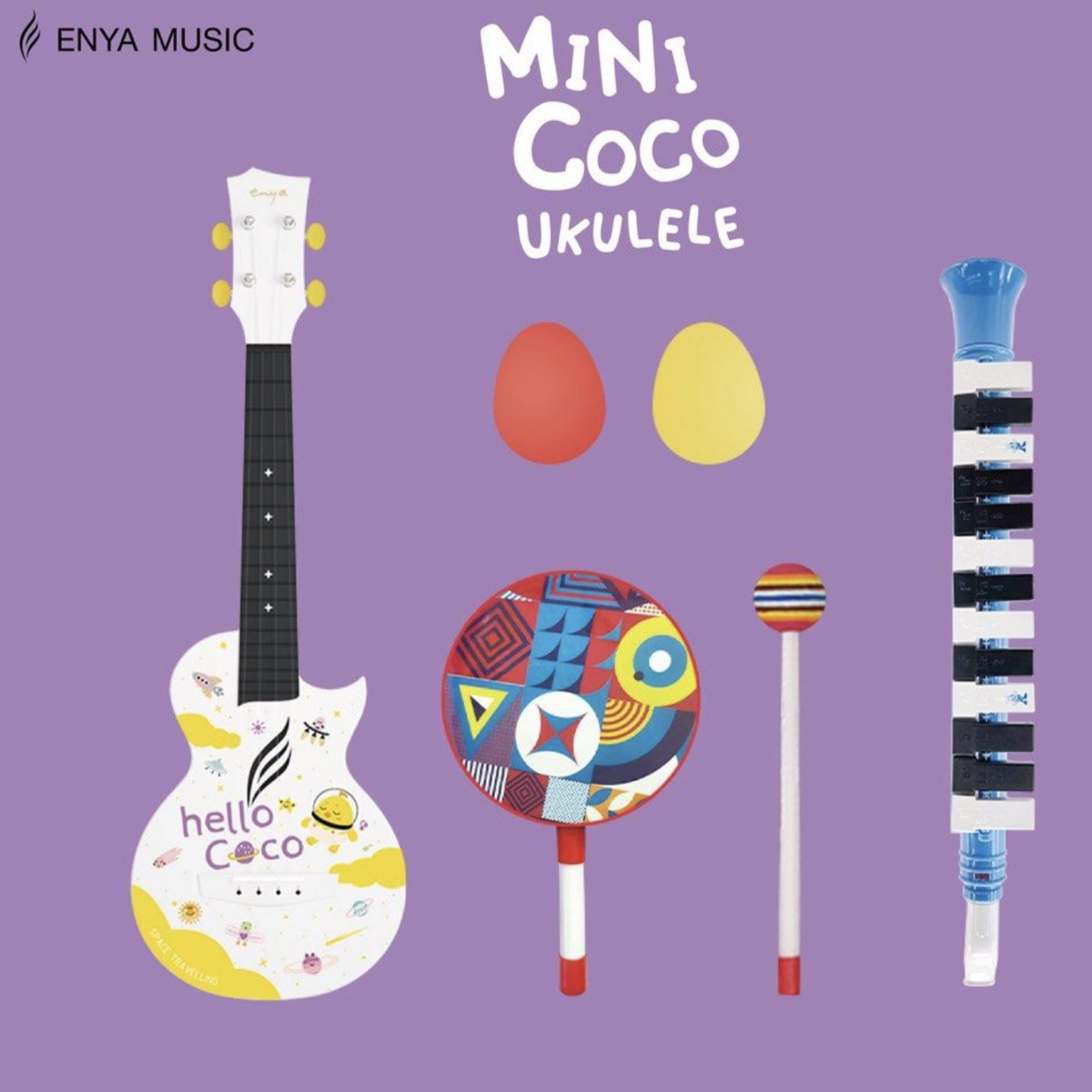 Enya Concert Mini coco Carbon Fiber Travel Ukulele with 13 key melodica hand drum and 2 sand shakers