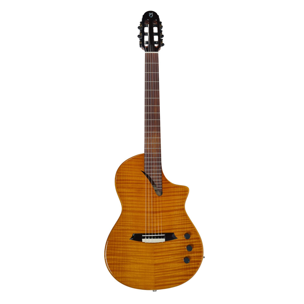 Image of MARTINEZ Hispania Cognac with EQ all solid flame top modern semi-acoustic classical guitar with effects