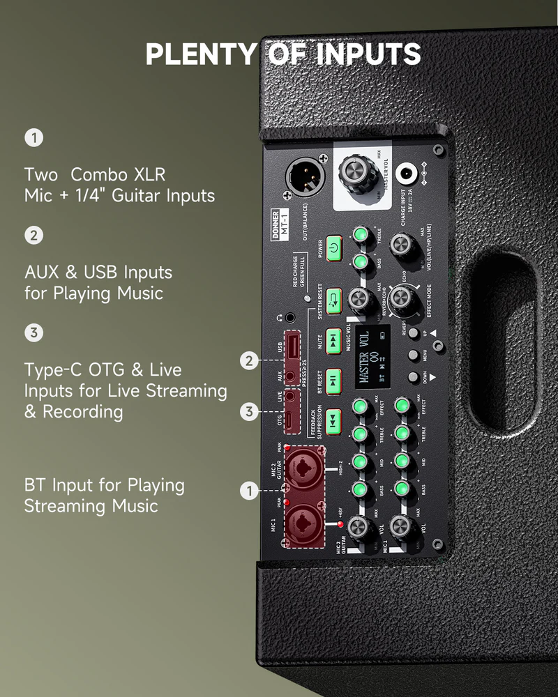 Donner MT-1 PA System Wireless BT Speaker 300W Peak Power with Two 25 Trebles 8 Woofer TRS 635USBAUXMic Inputs 4-6h Endurance