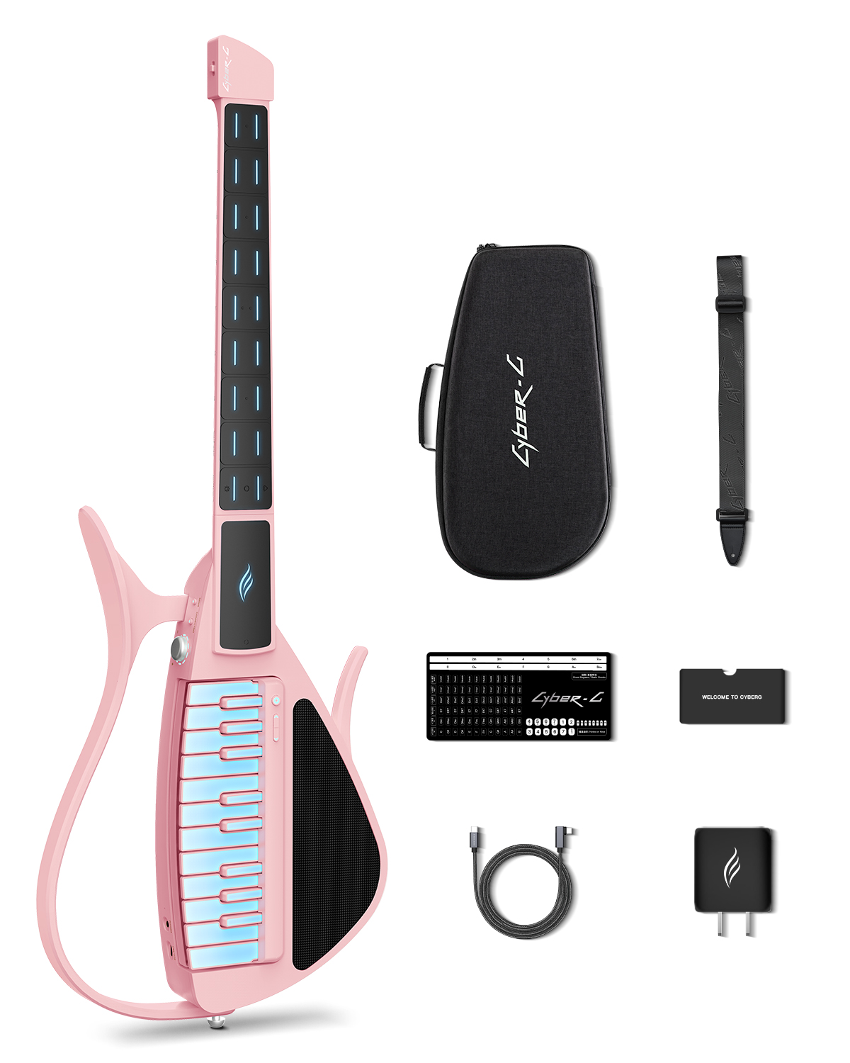 Enya CYBER-G Stringless Smart Guitar Foldable Travel Backing Guitar Built-in Drum Machine Bassline 20 instrument Sounds for One-Man Band App Interactive Chord Sheets For Adults TeensPink