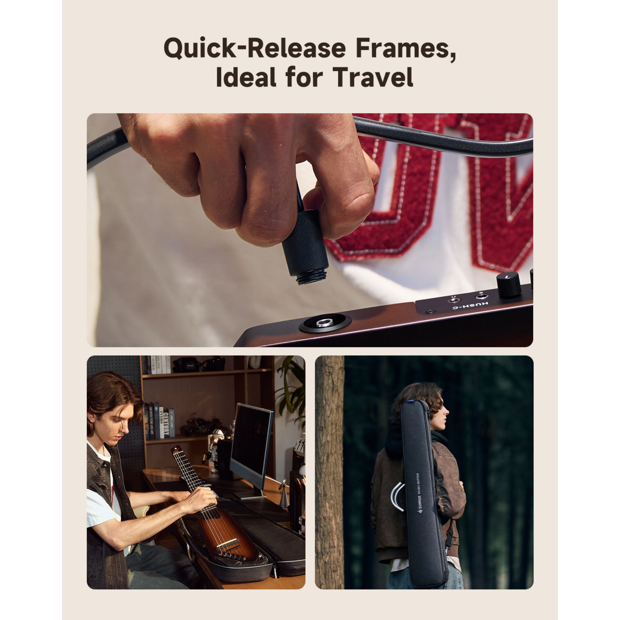 Donner HUSH C Acoustic-Electric Nylon String Classical Guitar Ultra-Lightweight Travel Guitar with Built-In Tuner HPS-II Preamp Headphone Jack Quick-Release handle Sunburst