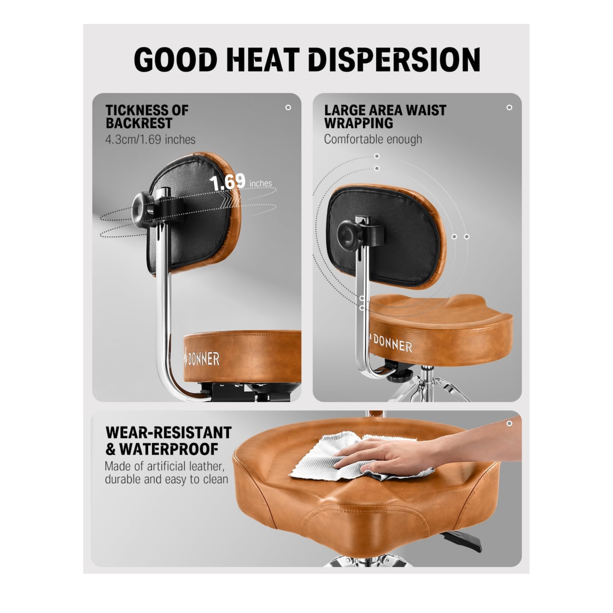 Donner DHT250 Drum Throne with Backrest Heavy Duty Hydraulic Drum Stool Height Adjustable Motorcycle Style Drum Seat Saddle Drum Throne for Adults Drummers BROWN