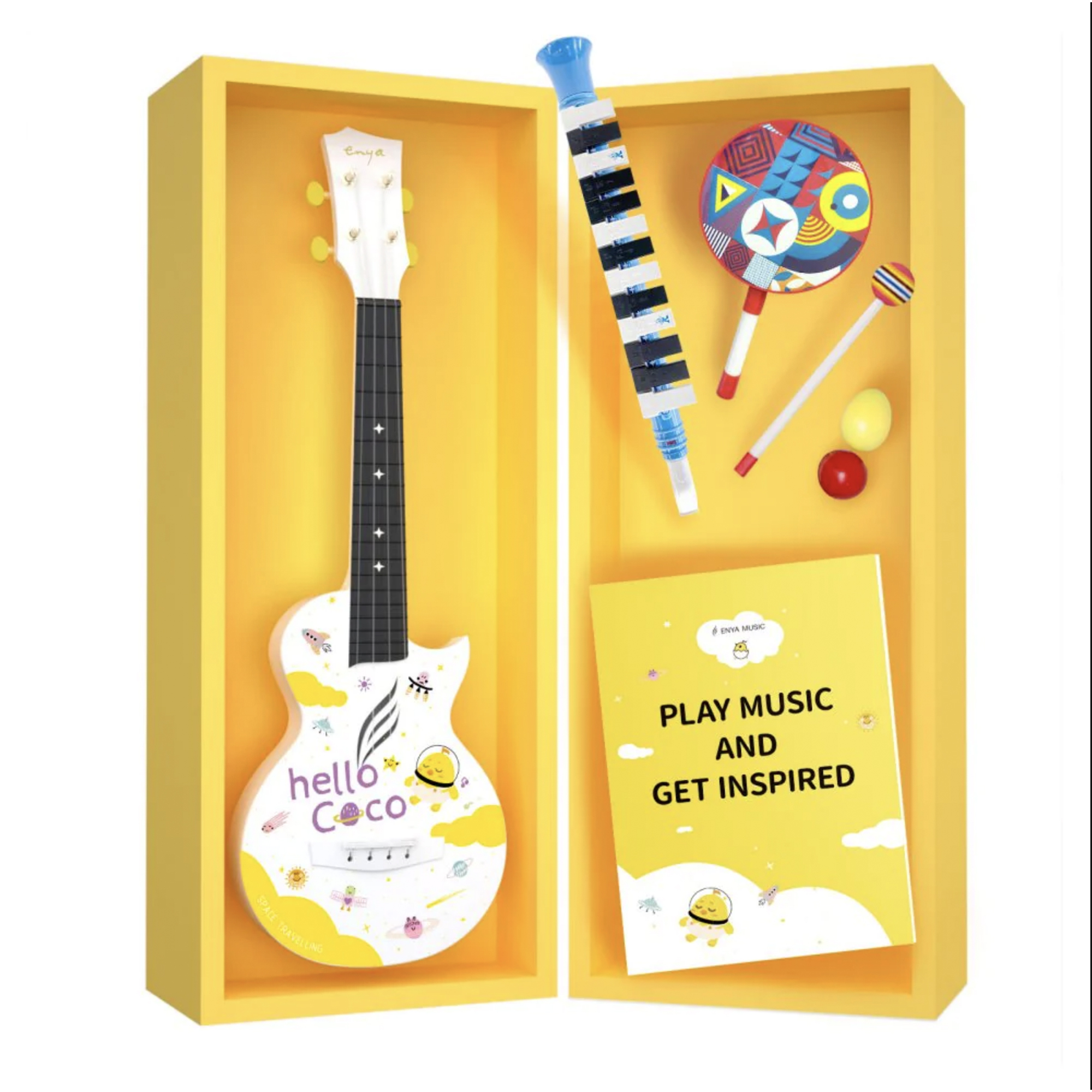 Enya Concert Mini coco Carbon Fiber Travel Ukulele with 13 key melodica hand drum and 2 sand shakers