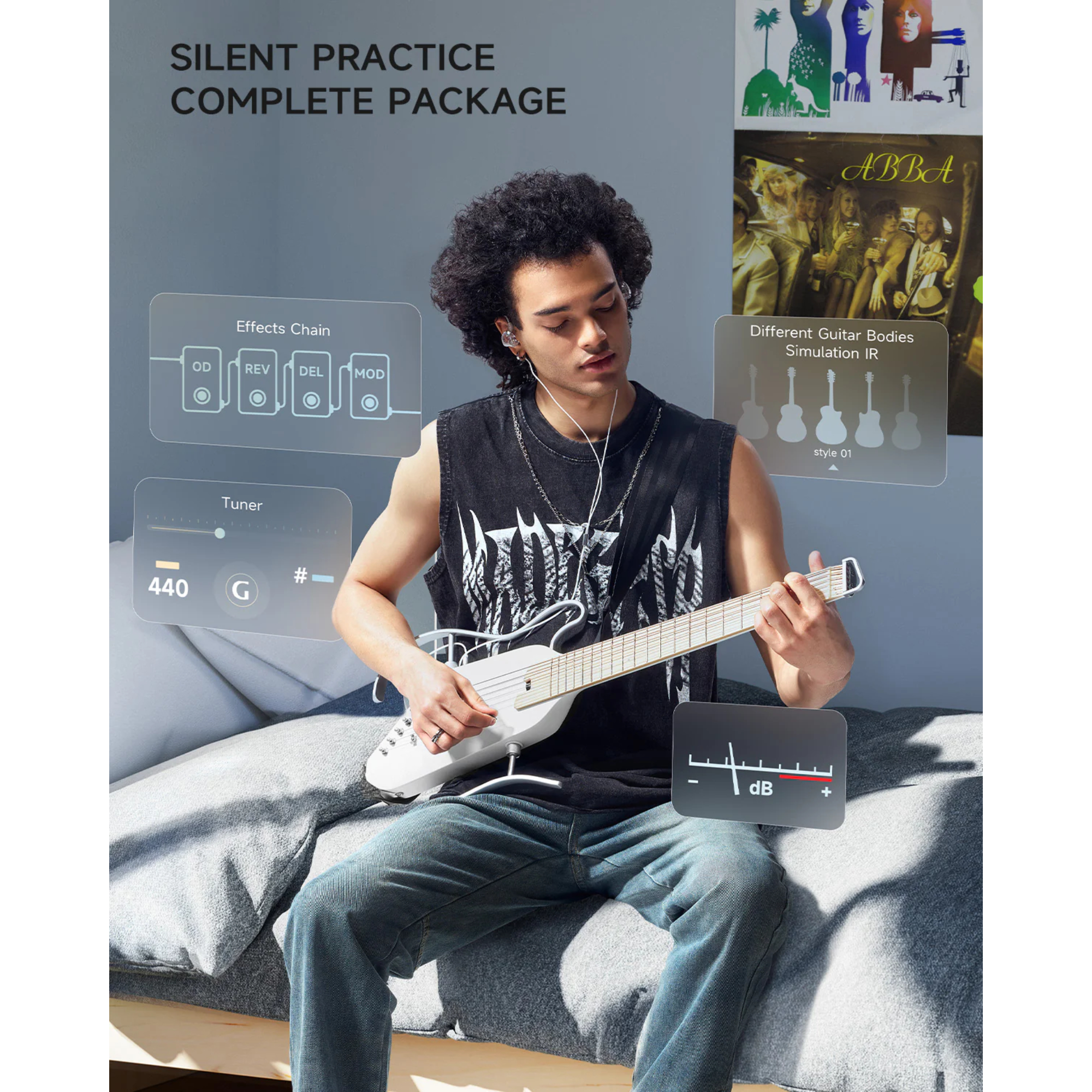 Donner HUSH-I PRO White Acoustic-Electric Travel Guitar Kit with onboard Effects