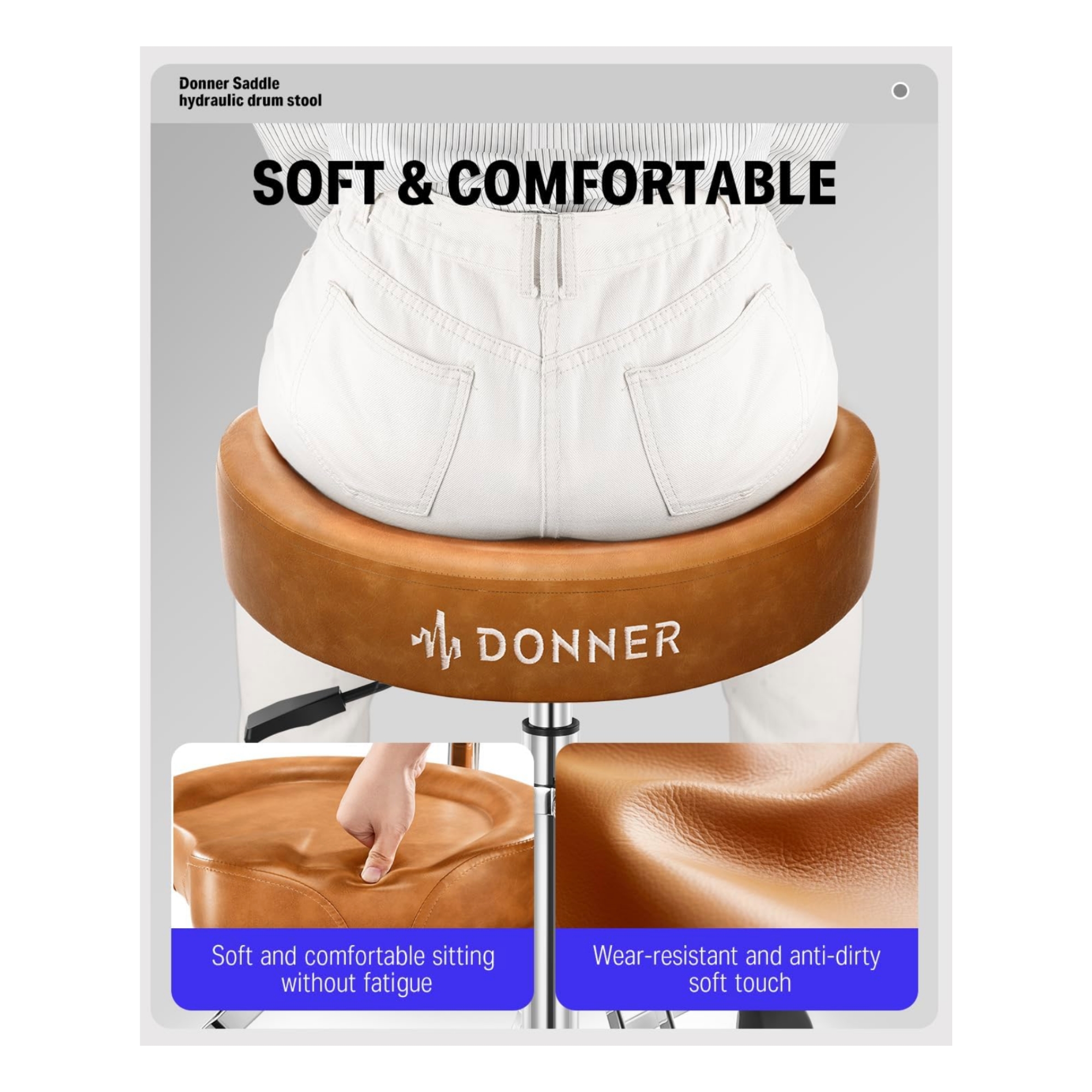 Donner DHT250 Drum Throne with Backrest Heavy Duty Hydraulic Drum Stool Height Adjustable Motorcycle Style Drum Seat Saddle Drum Throne for Adults Drummers BROWN