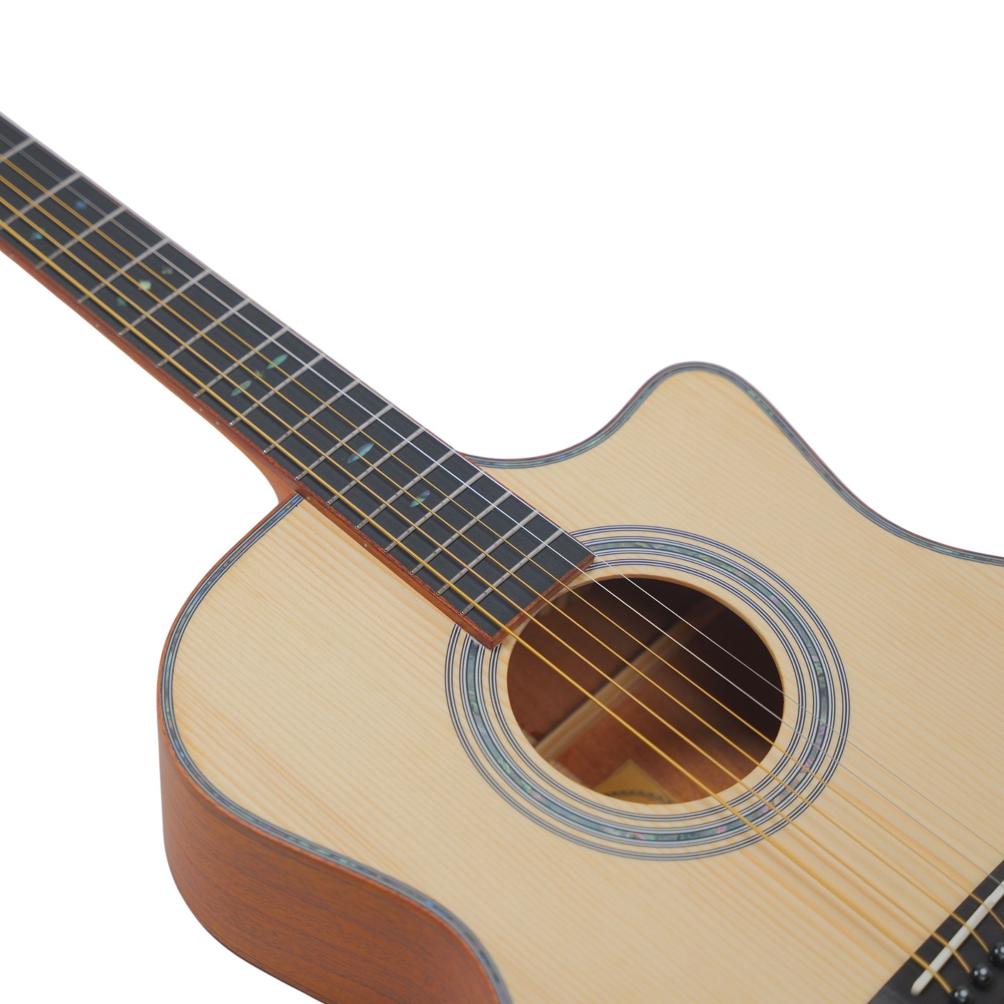 SQOE GA42 All-Solid Grand Auditorium Cutaway Acoustic Guitar Natural - body and fretboard angled