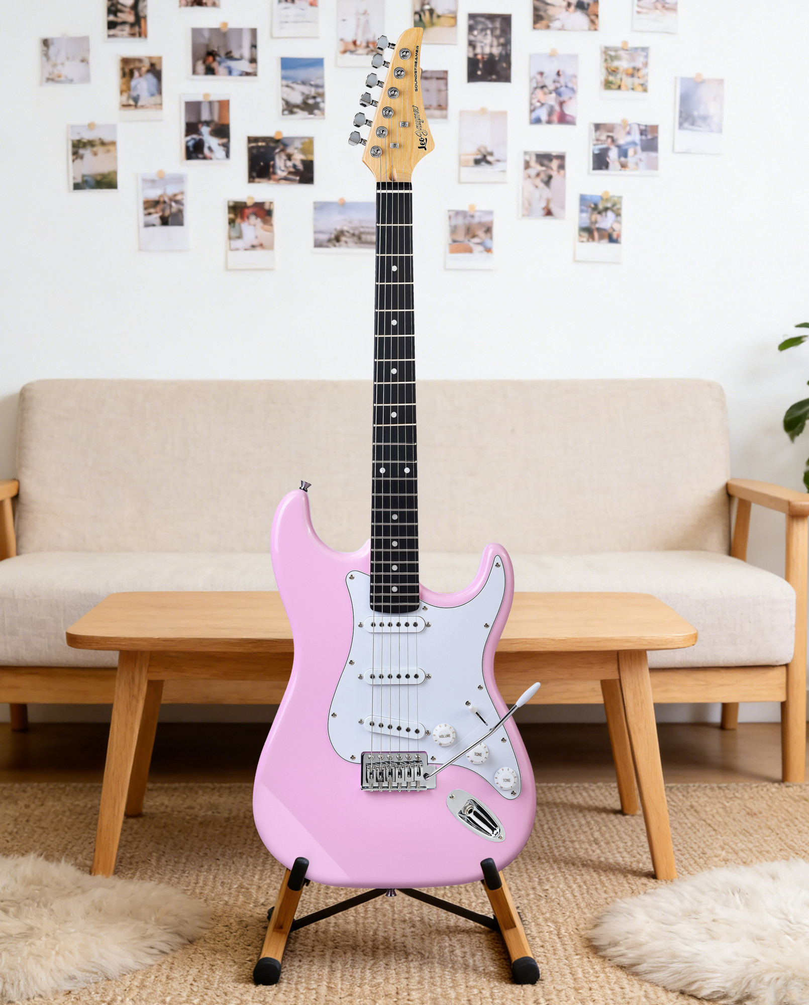 Leo Jaymz Pink Beginner Electric Guitar Complete Kit with Portable Amp Padded Gig Bag Full Accessories Maple Neck SSS Pickups