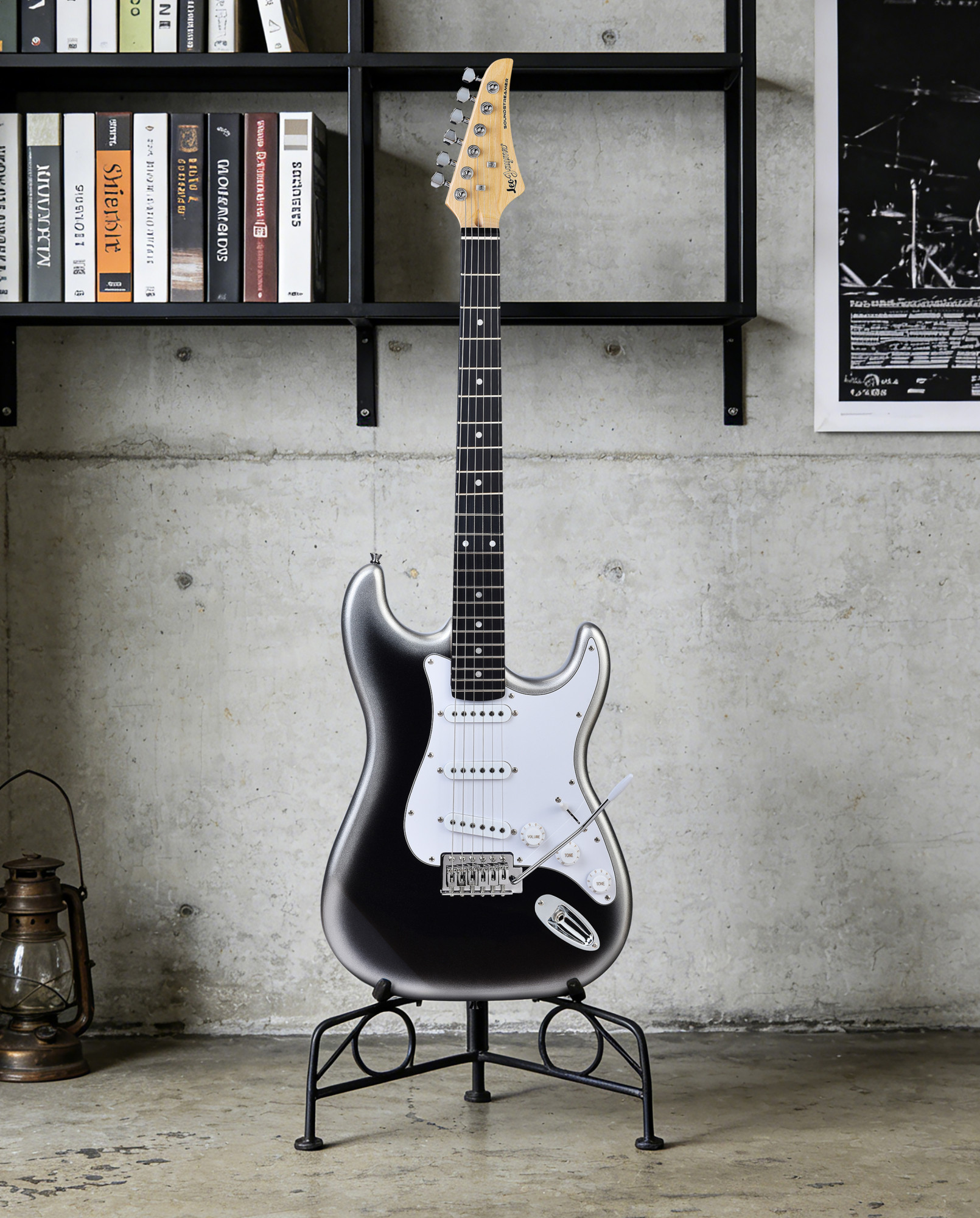 Leo Jaymz white black fade Beginner Electric Guitar Complete Kit with Portable Amp Padded Gig Bag  Full Accessories Maple Neck SSS Pickups