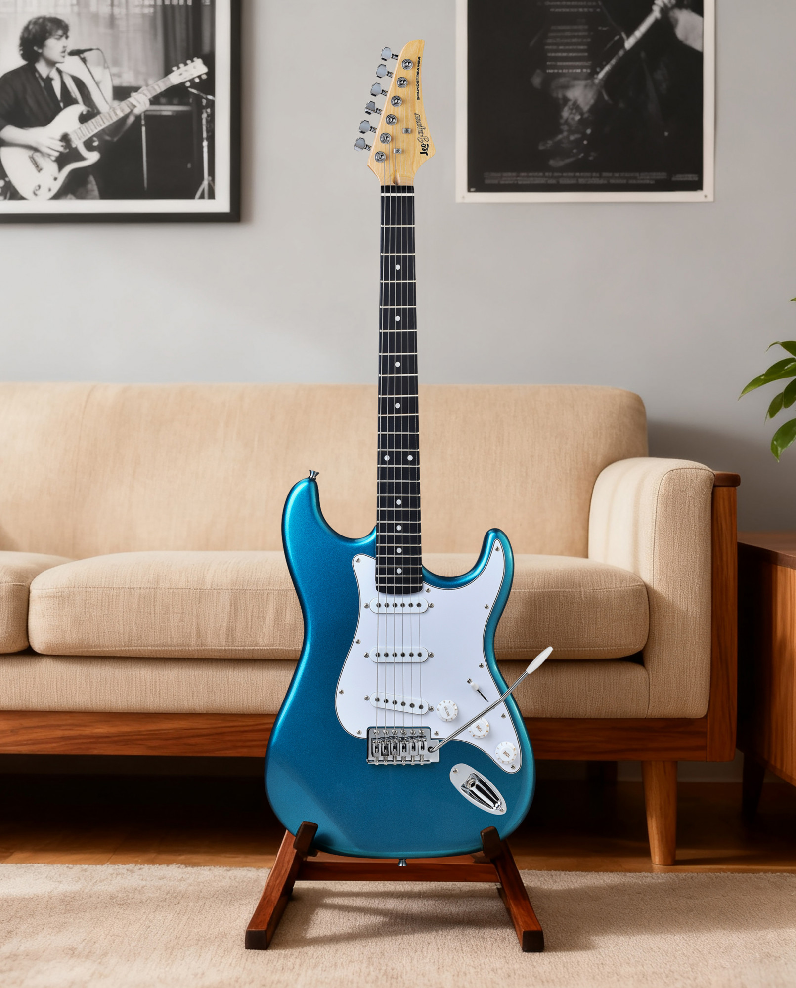 Leo Jaymz Blue Beginner Electric Guitar Complete Kit with Portable Amp Padded Gig Bag Full Accessories Maple Neck SSS Pickups