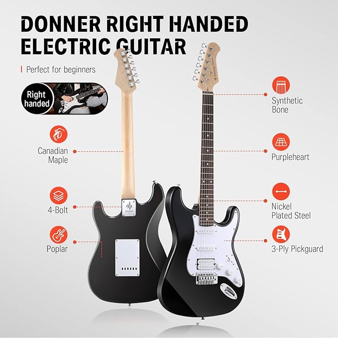 Donner DST-100B 39 Inch Full Size Electric Guitar Kit Solid Body black Beginner Starter with Amplifier Bag Capo Strap String Tuner Cable Picks