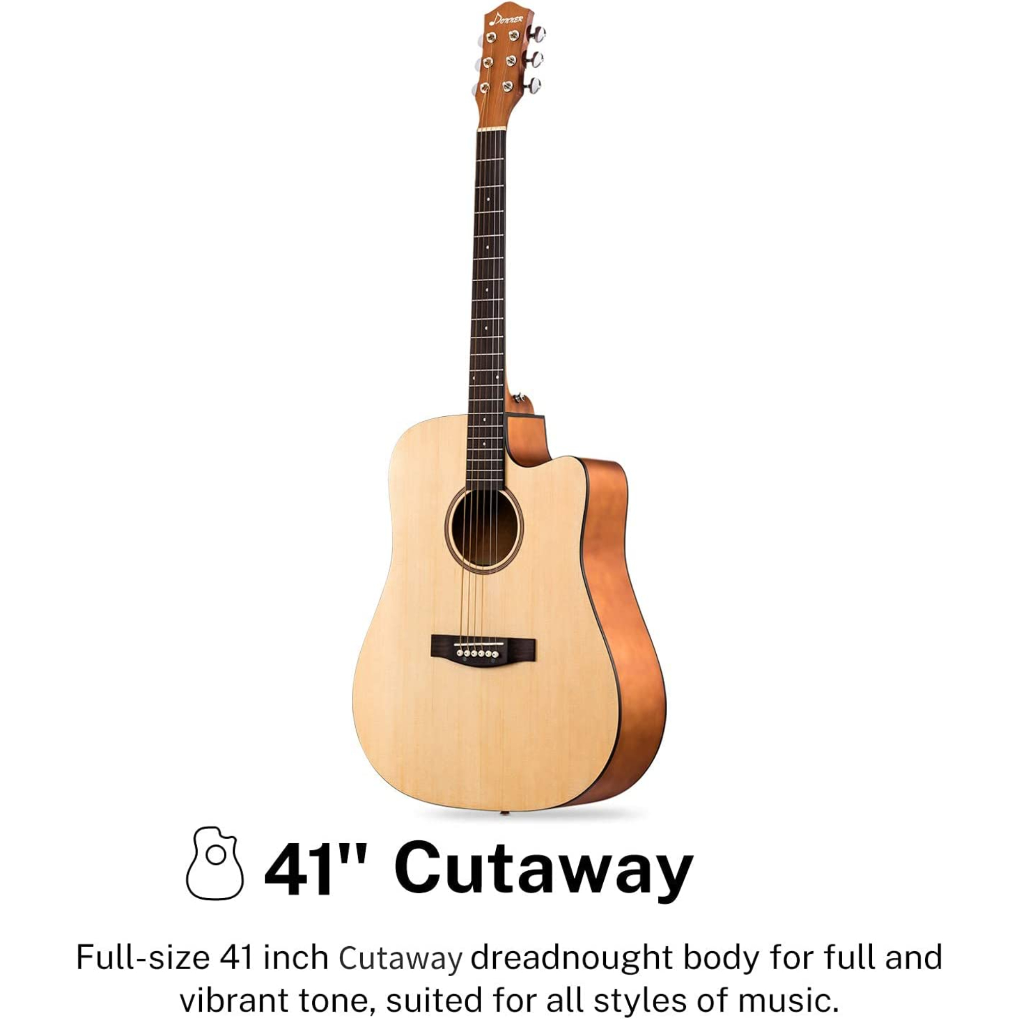 Donner DAD-140C Acoustic Guitar Beginner Adult Full Size 41 Inch Dreadnought Cutaway Acoustic Guitar Bundle Kit with Free Online Lesson Bag Tuner Capo Pickguard String Strap