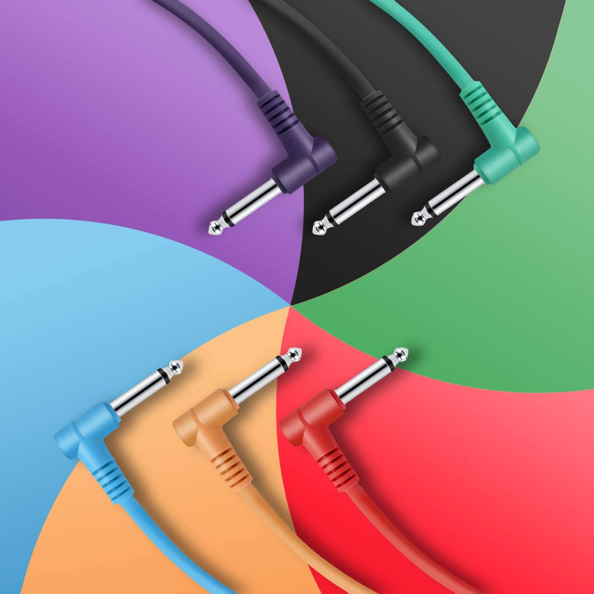 Donner 6 Inch Guitar Patch Coloured Cable 6-Pack TS 14 Right Angle to TS 14 Right Angle