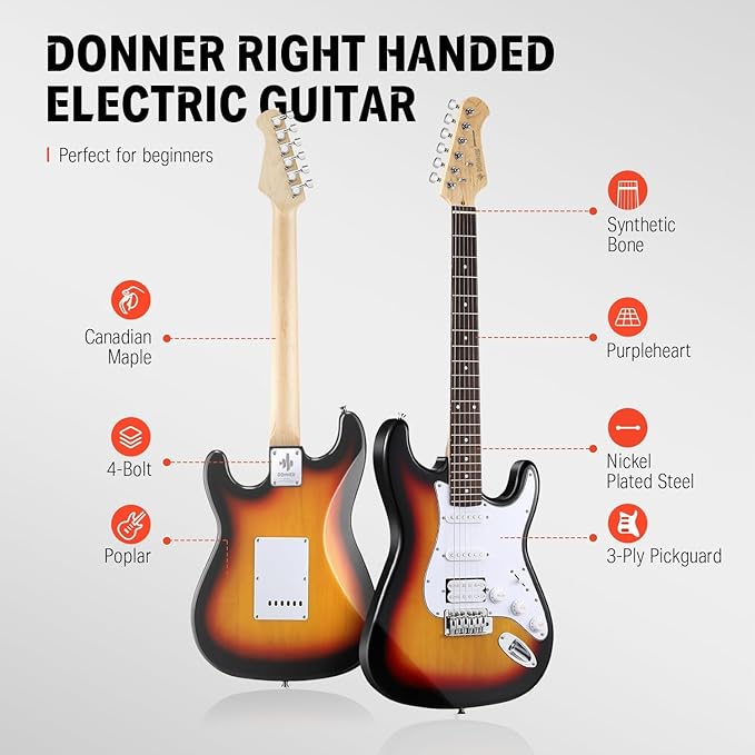 Donner DST-100S 39 Inch Full Size Electric Guitar Kit Solid Body Sunburst Beginner Starter with Amplifier Bag Capo Strap String Tuner Cable Picks