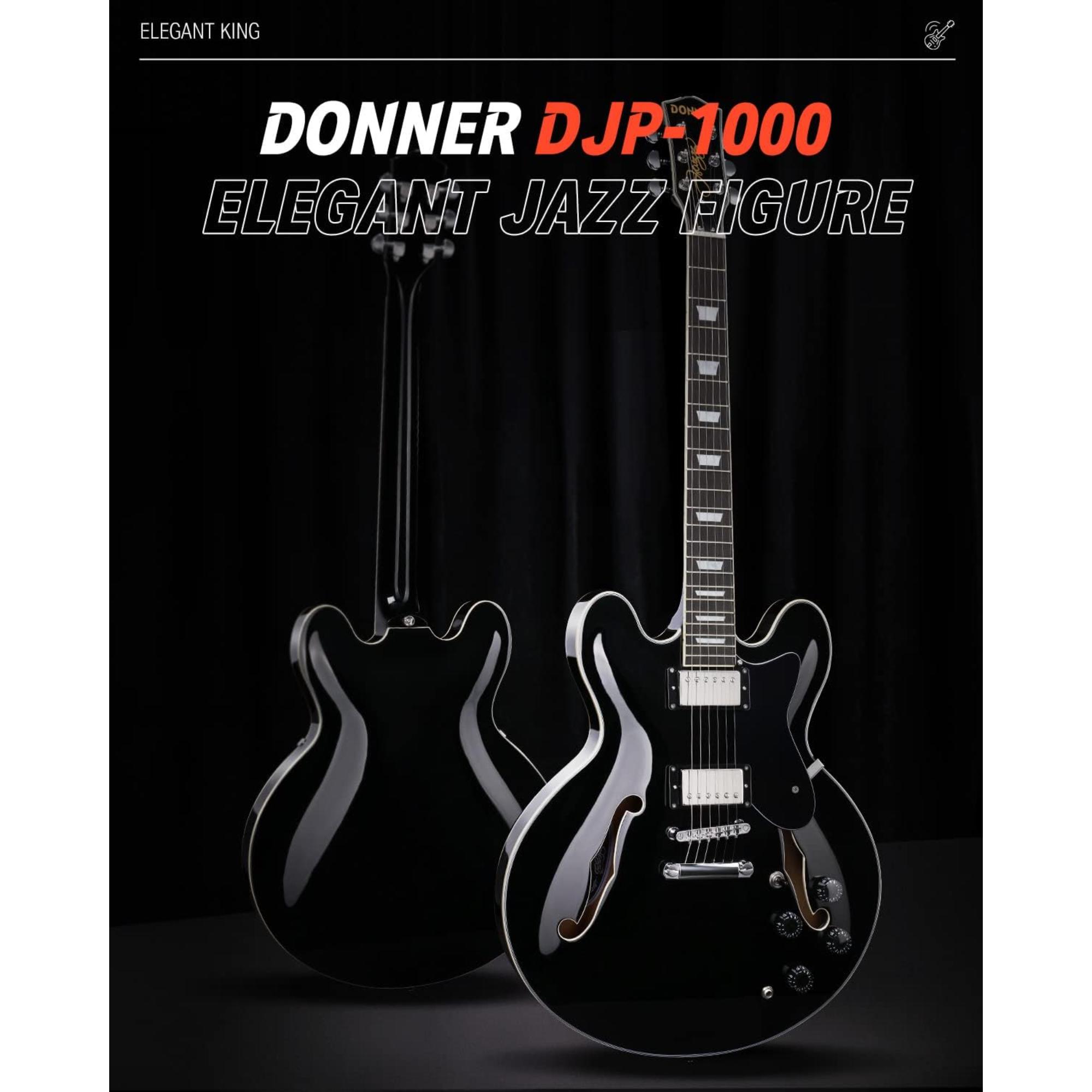 Donner Semi-Hollow Electric Guitar Black DJP-1000 Jazz Guitar with H-H Pickups Coil-splitting Function 335 Electric Guitar Bonus Bag Cable Strap