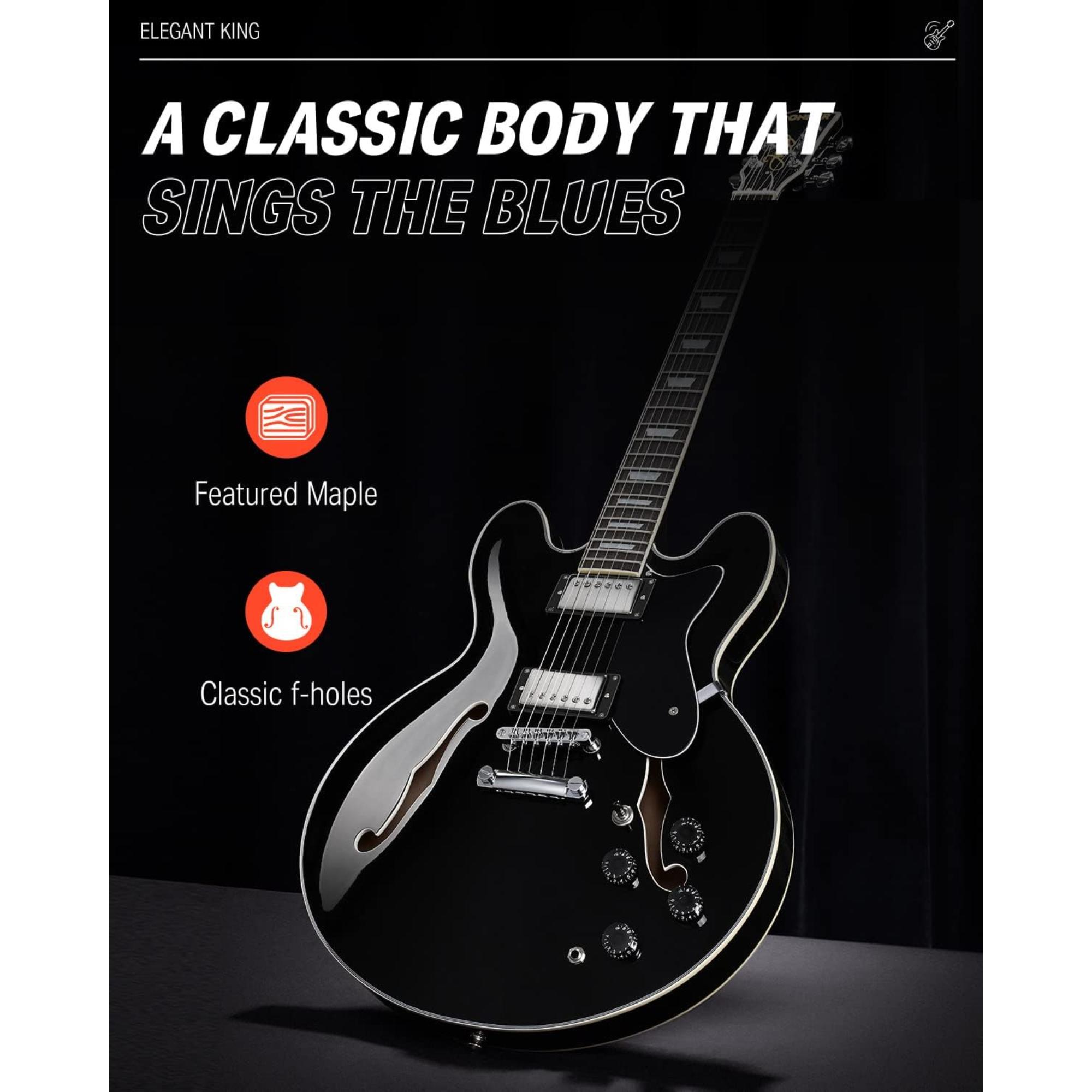 Donner Semi-Hollow Electric Guitar Black DJP-1000 Jazz Guitar with H-H Pickups Coil-splitting Function 335 Electric Guitar Bonus Bag Cable Strap