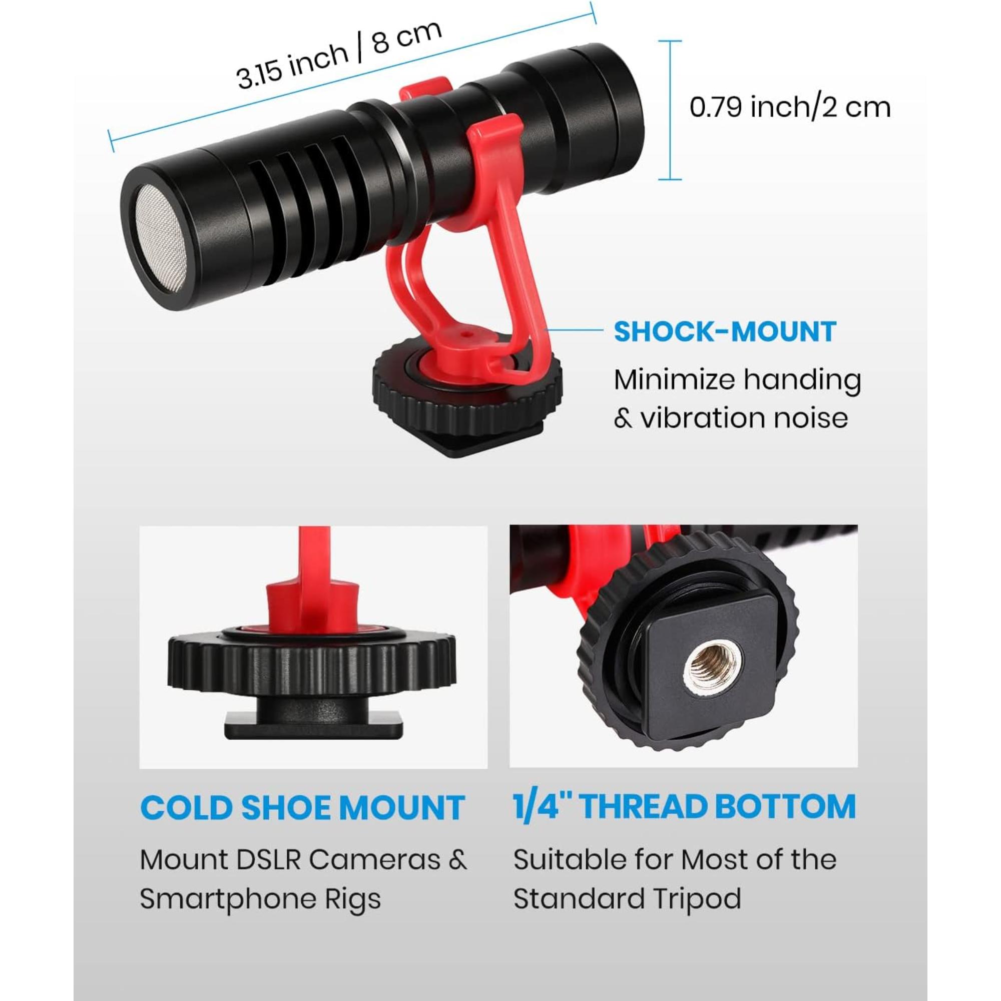 Moukey MCM-1 Video Microphone Camera Microphone with Shock Mount Windshield Professional Vlogging Kit for iPhone Android Smartphone DSLR Camera Camcorder Battery-Free Shotgun Mic