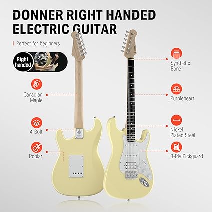 Donner DST-100W 39 Inch Full Size Electric Guitar Kit Solid Body Vintage white Beginner Starter with Amplifier Bag Capo Strap String Tuner Cable Picks