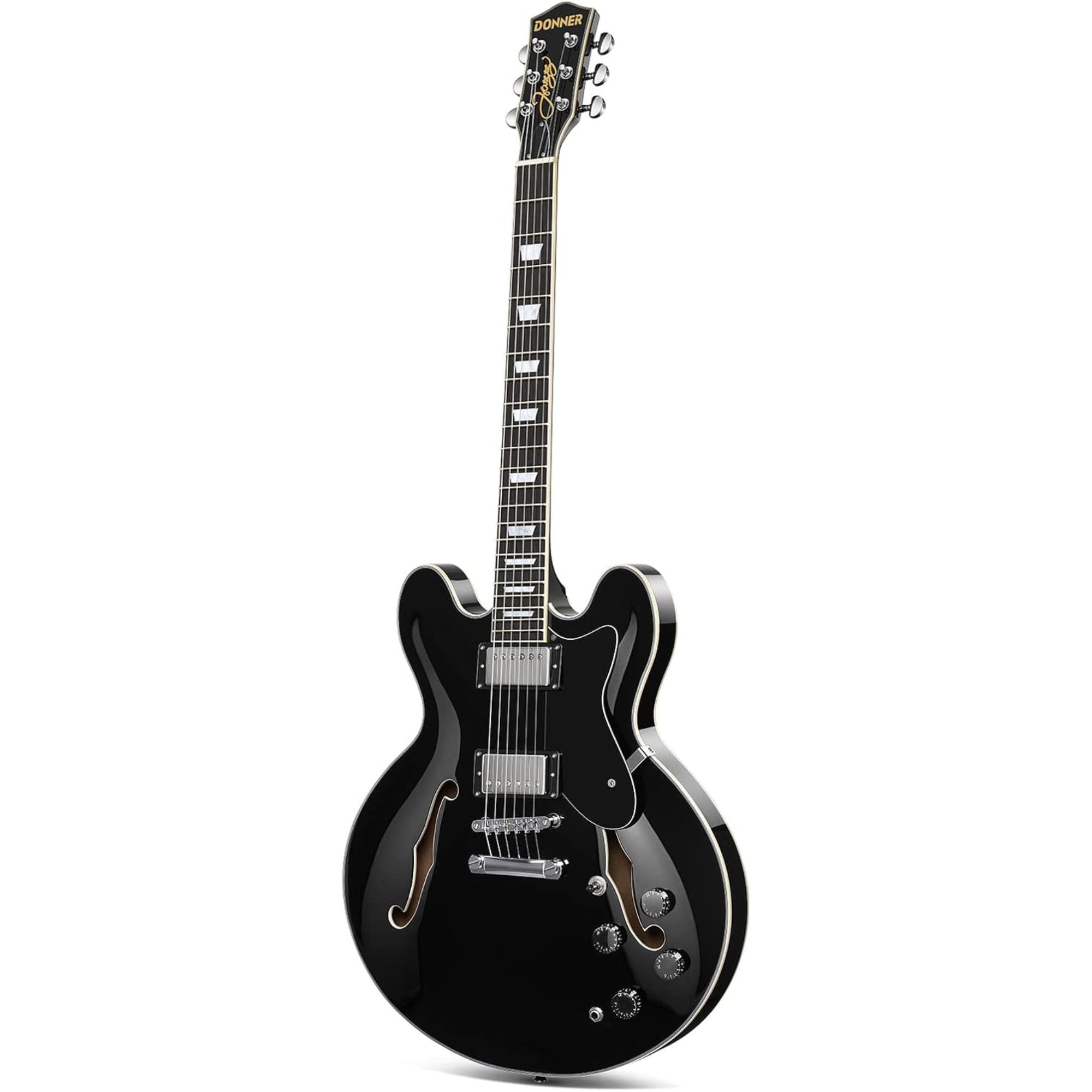 Donner Semi-Hollow Electric Guitar Black DJP-1000 Jazz Guitar with H-H Pickups Coil-splitting Function 335 Electric Guitar Bonus Bag Cable Strap