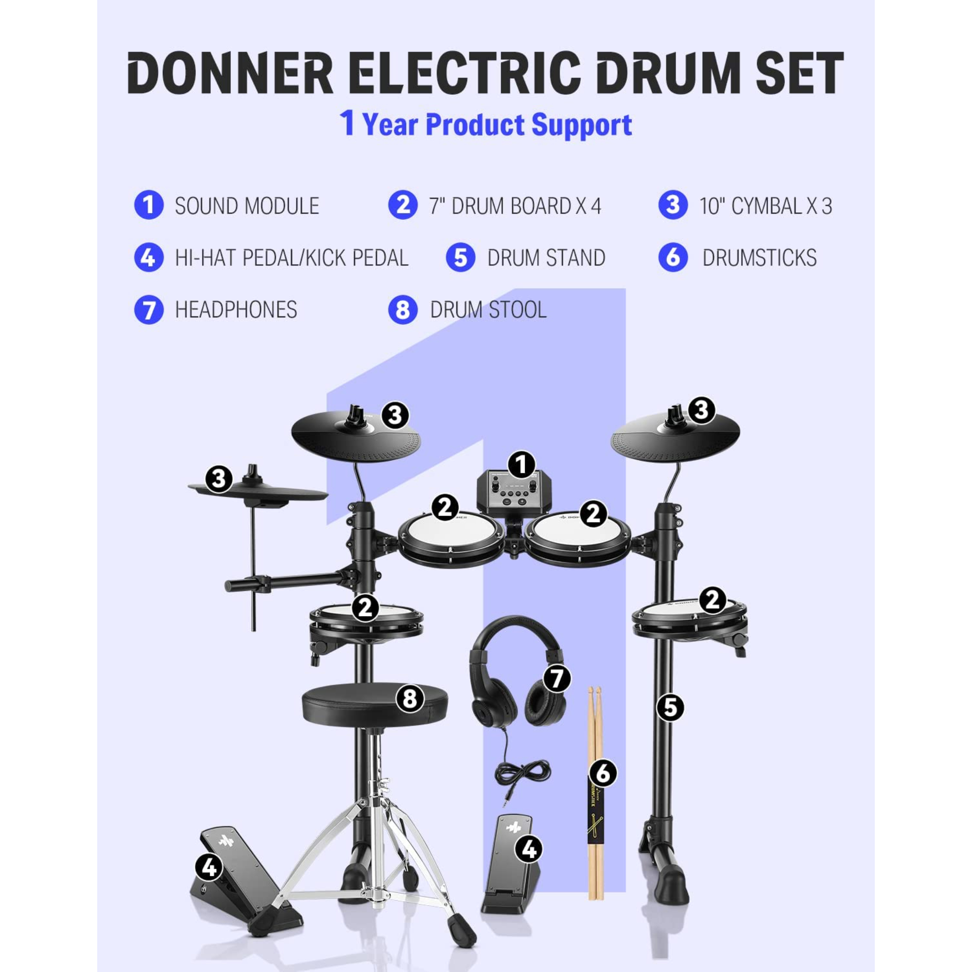 Donner DED-95 Electric Drum Set Electronic Drum Kit for Beginner with Kick Drum180 Sounds Quiet Mesh Drum Set with Drum ThroneSticks Headphone and 40 Melodics Lessons New Upgraded