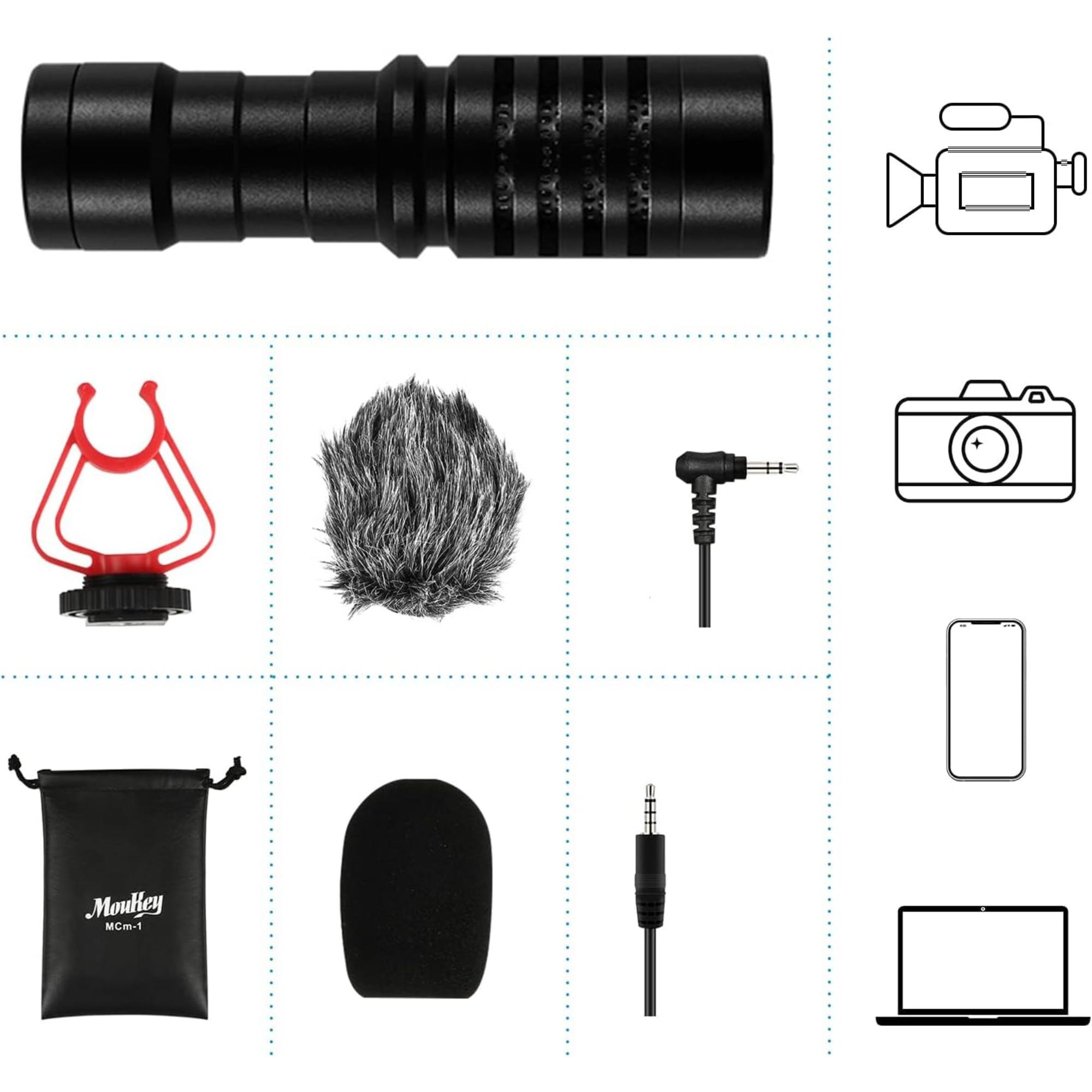 Moukey MCM-1 Video Microphone Camera Microphone with Shock Mount Windshield Professional Vlogging Kit for iPhone Android Smartphone DSLR Camera Camcorder Battery-Free Shotgun Mic