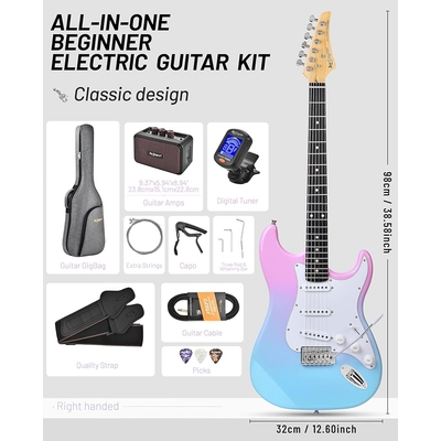 Leo Jaymz Pink blue fade Beginner Electric Guitar Complete Kit with Portable Amp Padded Gig Bag Full Accessories Maple Neck SSS Pickups