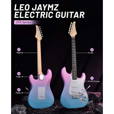 Leo Jaymz Pink blue fade Beginner Electric Guitar Complete Kit with Portable Amp Padded Gig Bag Full Accessories Maple Neck SSS Pickups