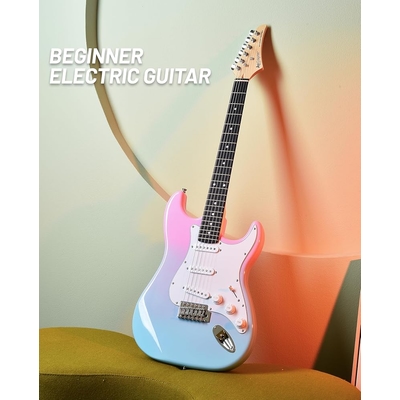 Leo Jaymz Pink blue fade Beginner Electric Guitar Complete Kit with Portable Amp Padded Gig Bag  Full Accessories Maple Neck SSS Pickups