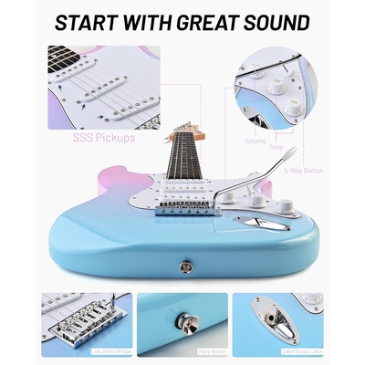 Leo Jaymz Pink blue fade Beginner Electric Guitar Complete Kit with Portable Amp Padded Gig Bag Full Accessories Maple Neck SSS Pickups
