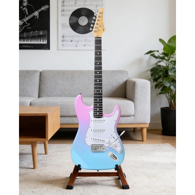 Leo Jaymz Pink blue fade Beginner Electric Guitar Complete Kit with Portable Amp Padded Gig Bag Full Accessories Maple Neck SSS Pickups