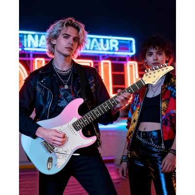 Leo Jaymz Pink blue fade Beginner Electric Guitar Complete Kit with Portable Amp Padded Gig Bag Full Accessories Maple Neck SSS Pickups