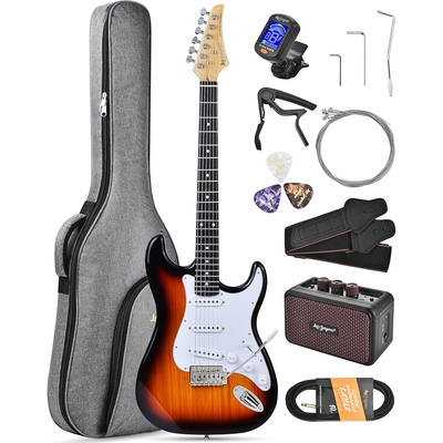 Leo Jaymz Sunburst Beginner Electric Guitar Complete Kit with Portable Amp Padded Gig Bag  Full Accessories Maple Neck SSS Pickups
