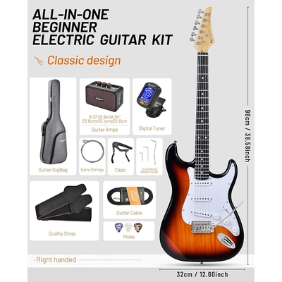 Leo Jaymz Sunburst Beginner Electric Guitar Complete Kit with Portable Amp Padded Gig Bag  Full Accessories Maple Neck SSS Pickups