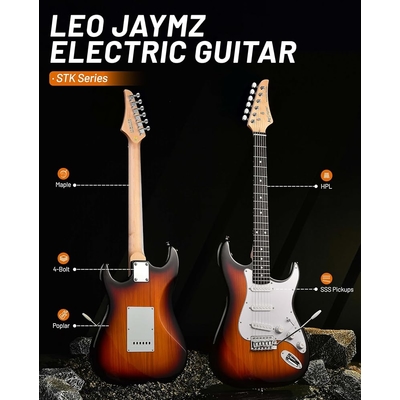 Leo Jaymz Sunburst Beginner Electric Guitar Complete Kit with Portable Amp Padded Gig Bag Full Accessories Maple Neck SSS Pickups