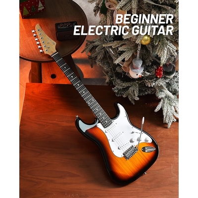 Leo Jaymz Sunburst Beginner Electric Guitar Complete Kit with Portable Amp Padded Gig Bag Full Accessories Maple Neck SSS Pickups