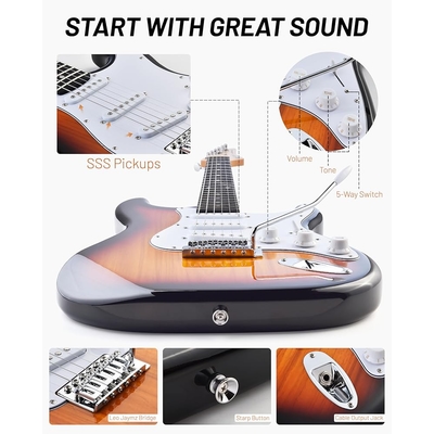 Leo Jaymz Sunburst Beginner Electric Guitar Complete Kit with Portable Amp Padded Gig Bag Full Accessories Maple Neck SSS Pickups