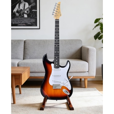 Leo Jaymz Sunburst Beginner Electric Guitar Complete Kit with Portable Amp Padded Gig Bag Full Accessories Maple Neck SSS Pickups