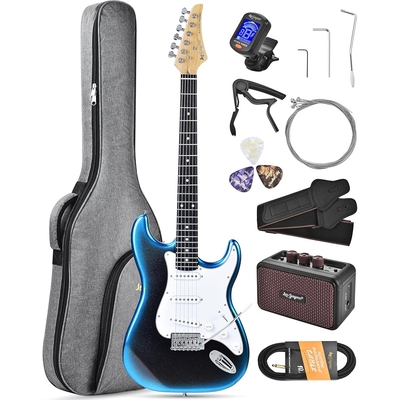Leo Jaymz Blue black fade Beginner Electric Guitar Complete Kit with Portable Amp Padded Gig Bag  Full Accessories Maple Neck SSS Pickups