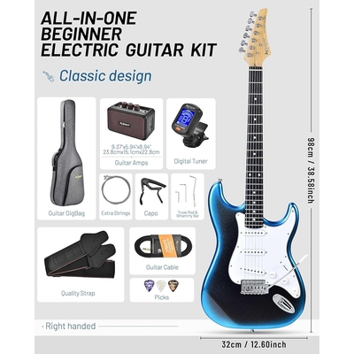 Leo Jaymz Blue black fade Beginner Electric Guitar Complete Kit with Portable Amp Padded Gig Bag  Full Accessories Maple Neck SSS Pickups