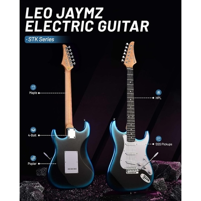 Leo Jaymz Blue black fade Beginner Electric Guitar Complete Kit with Portable Amp Padded Gig Bag Full Accessories Maple Neck SSS Pickups