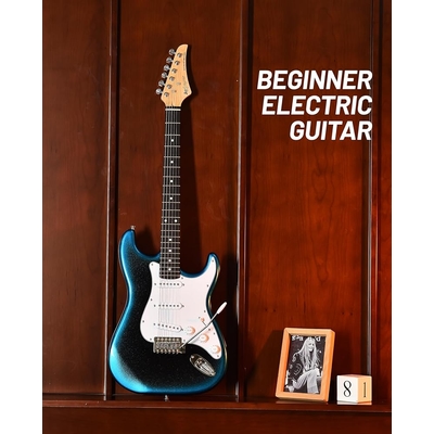 Leo Jaymz Blue black fade Beginner Electric Guitar Complete Kit with Portable Amp Padded Gig Bag Full Accessories Maple Neck SSS Pickups