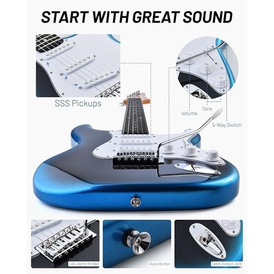 Leo Jaymz Blue black fade Beginner Electric Guitar Complete Kit with Portable Amp Padded Gig Bag Full Accessories Maple Neck SSS Pickups