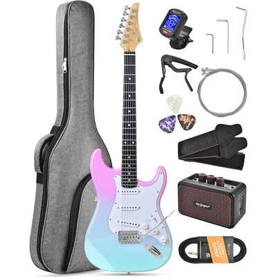 Leo Jaymz Pink cyan fade Beginner Electric Guitar Complete Kit with Portable Amp Padded Gig Bag Full Accessories Maple Neck SSS Pickups