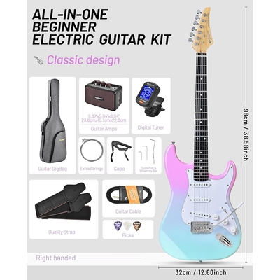 Leo Jaymz Pink cyan fade Beginner Electric Guitar Complete Kit with Portable Amp Padded Gig Bag  Full Accessories Maple Neck SSS Pickups