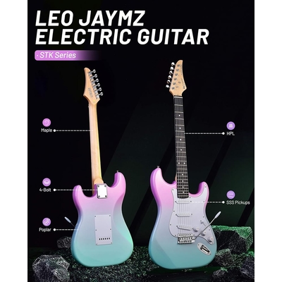 Leo Jaymz Pink cyan fade Beginner Electric Guitar Complete Kit with Portable Amp Padded Gig Bag Full Accessories Maple Neck SSS Pickups